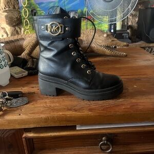 Michael Kors Black Leather Lace-Up Combat Boots with Gold MK Emblem